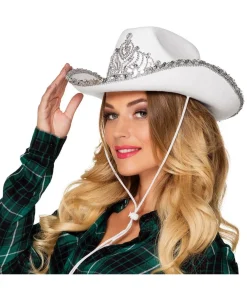 Hvid Cowboyhat med pailletter og diadem