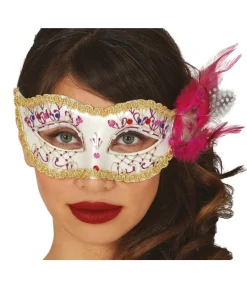 Hvid maske med pink fjer