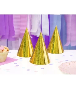 Partyhatte guld holografisk, 6 stk